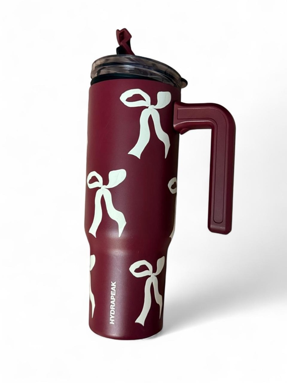 HYDRAPEAK Maroon Travel Tumbler with White Bow Design